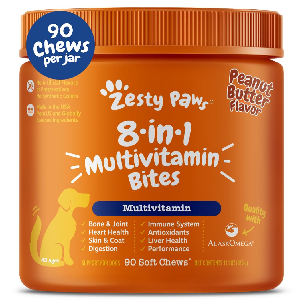 Zesty Paws multivitamin treats bottle closeup highlighting daily joint support