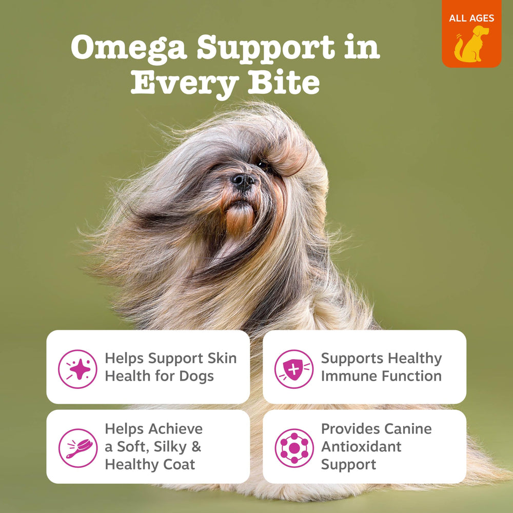 Zesty Paws dog chews closeup highlighting omega-3 benefits for joints and coat.