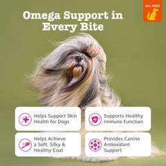 Zesty Paws dog chews closeup highlighting omega-3 benefits for joints and coat.