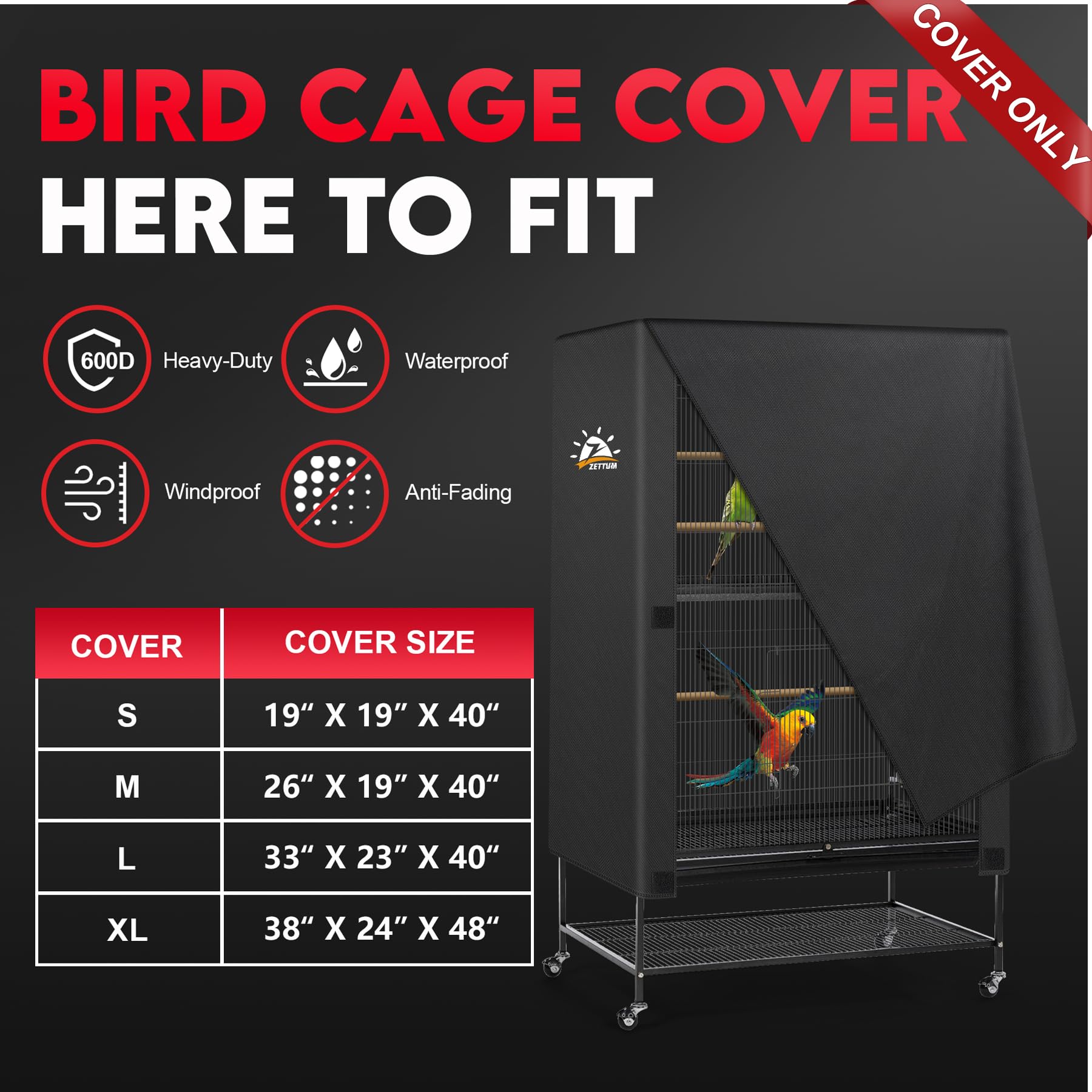 Zettum bird cage cover with waterproof, durable fabric for outdoor use