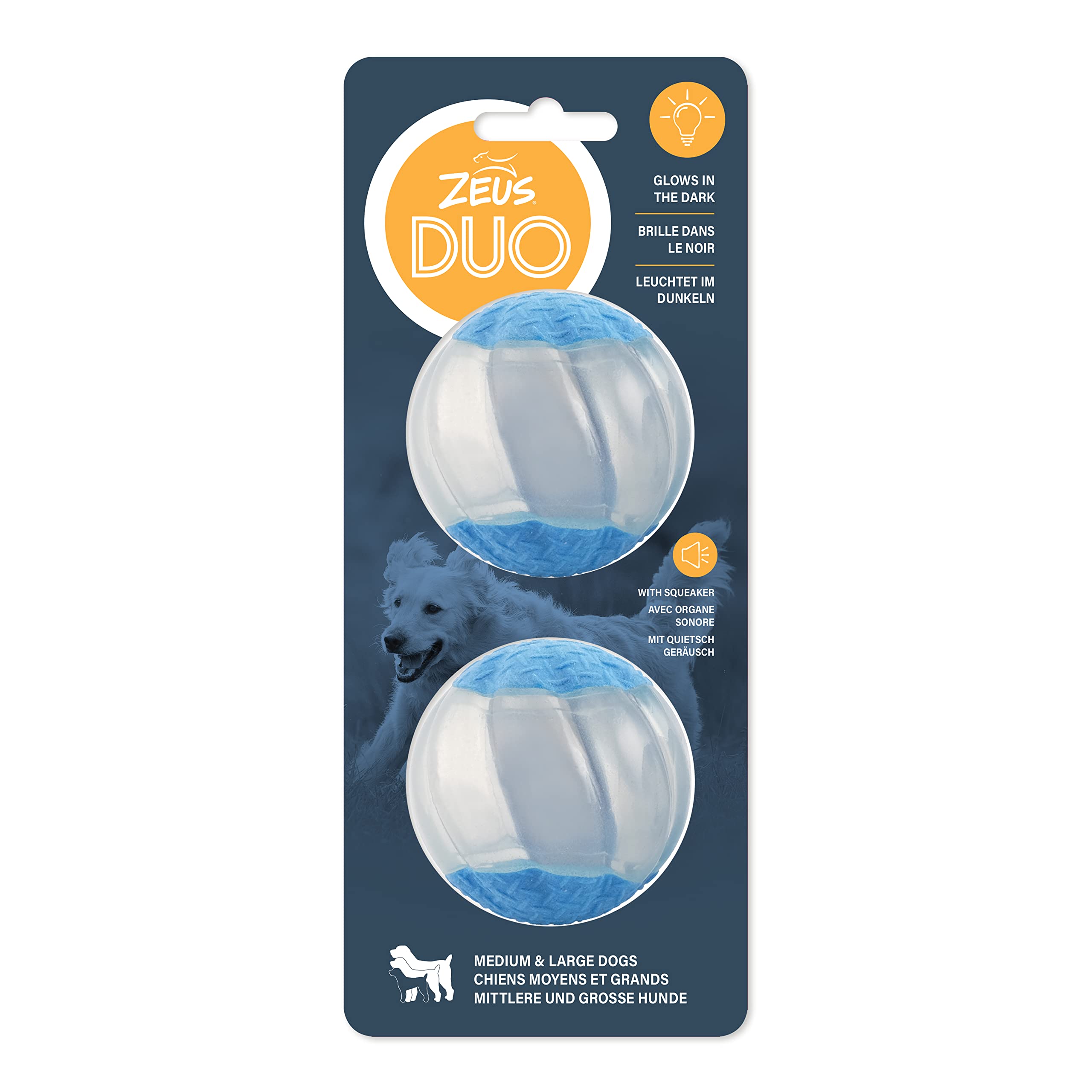ZEUS Duo Balls glow in the dark for safer night-time fetch.