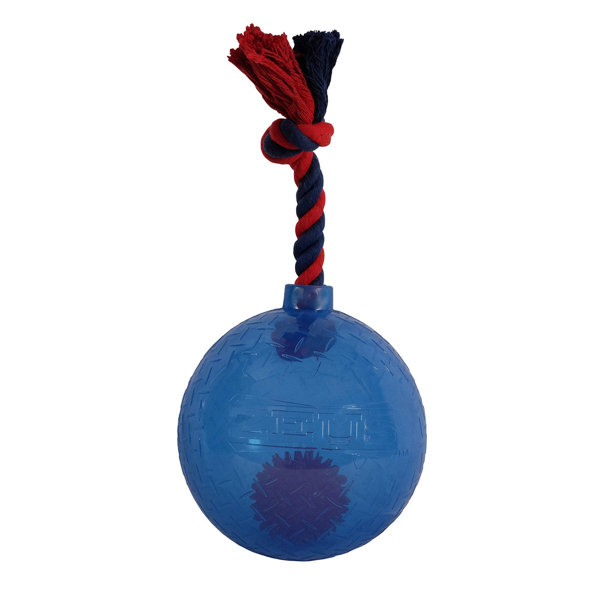 ZEUS Spark Tug Ball blue LED in action for nighttime fetch and interactive play.