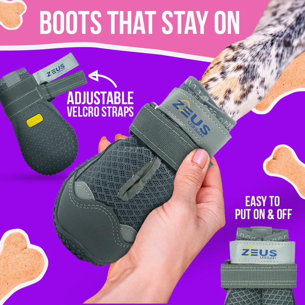 ZEUS URBAN dog boots feature adjustable straps and reflective trim for safe night walks.