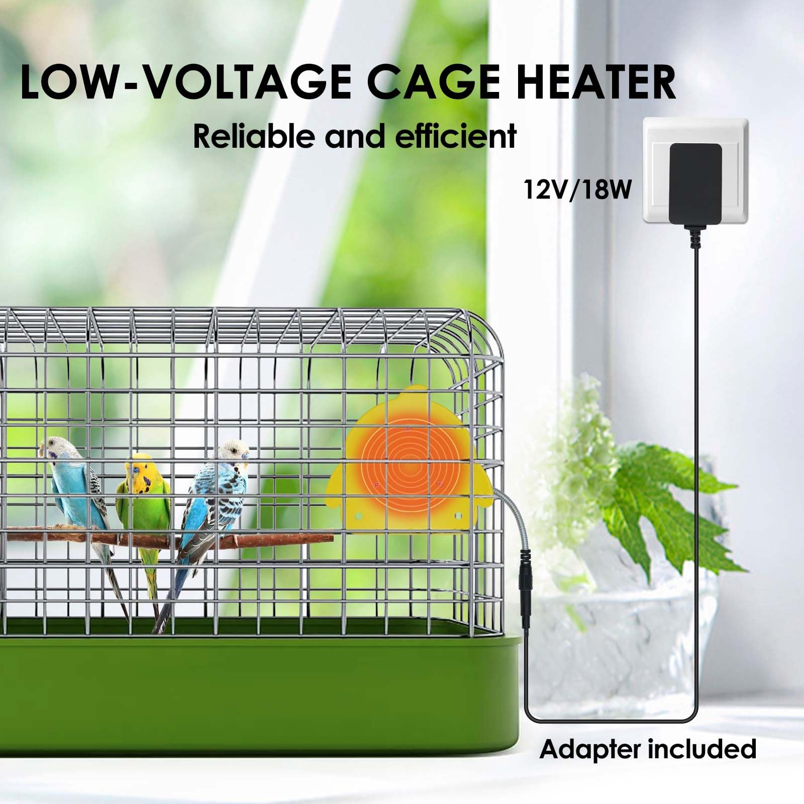 ZHEQOGZH bird cage heater close-up shows sturdy metal cord protection.