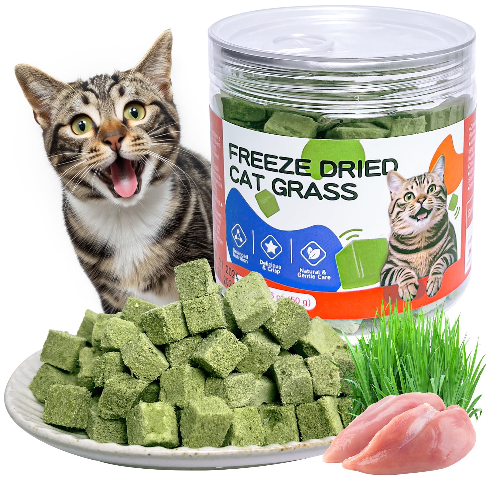 ZHSteveG Freeze-Dried Cat Grass Treats packaging jar enables on-the-go snacking.
