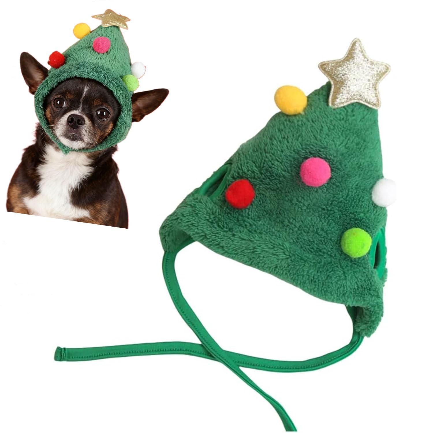 Zhzrche Christmas Tree Hat for pets with star pom-poms for festive photos