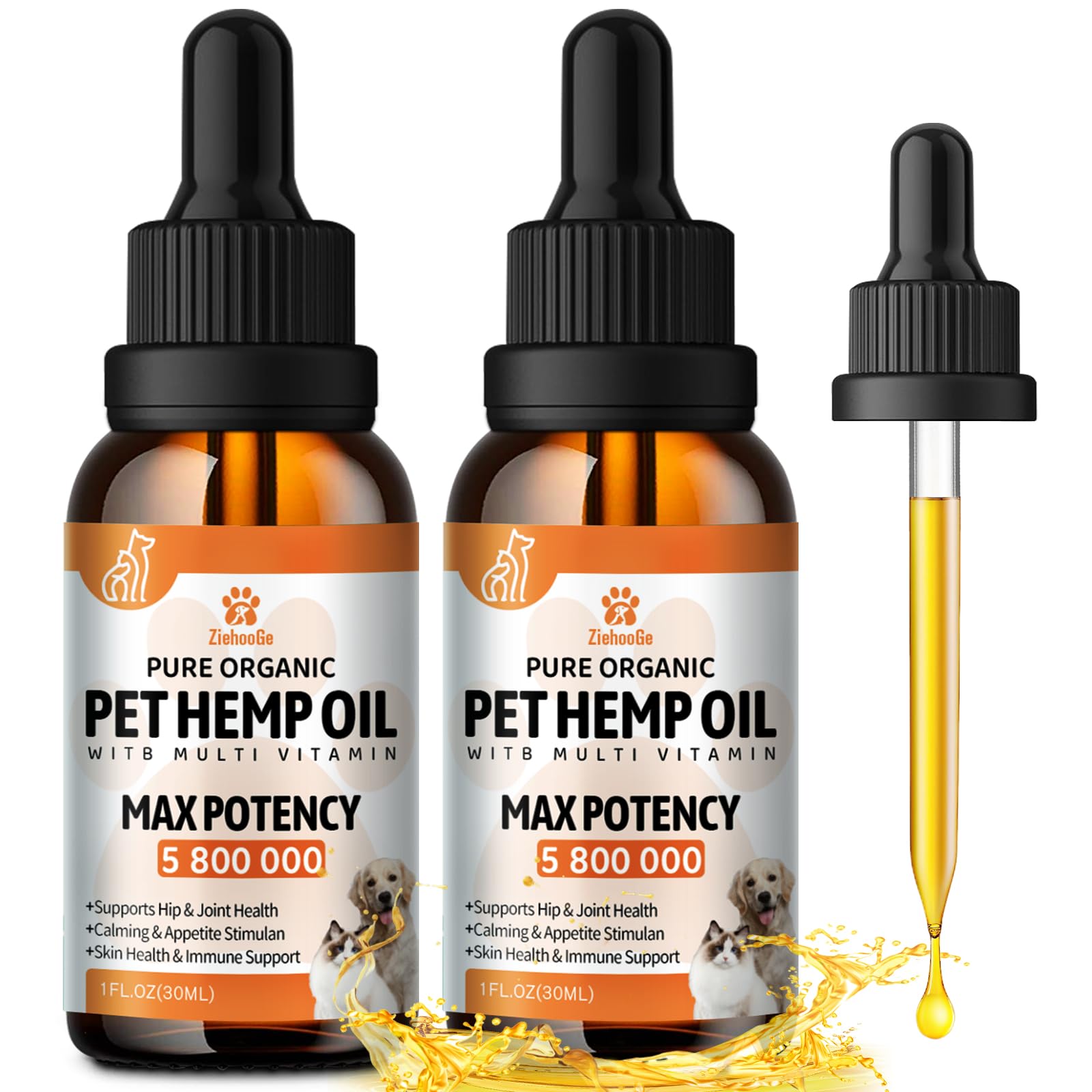 ZiehooGe hemp oil for dogs and cats bottle pour supports easy daily dosing for calm.