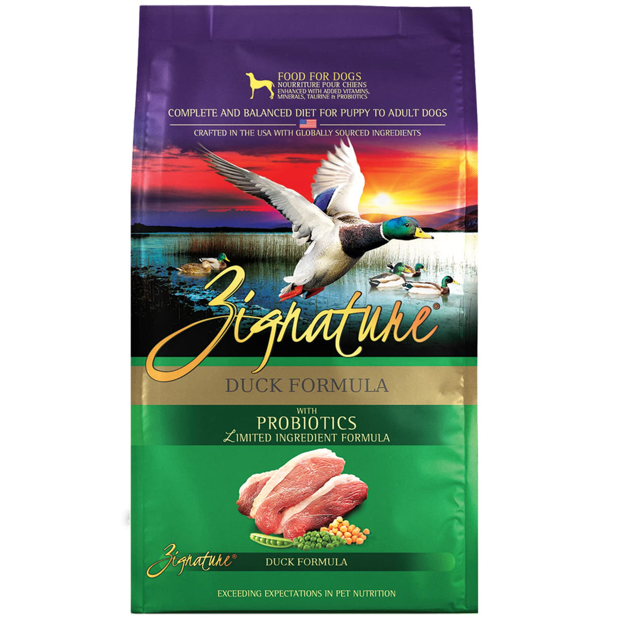 Zignature Duck Dog Food 25 lb bag front view highlighting quality protein for rotation diets.
