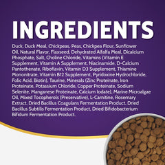 Zignature Duck dog food bag open with contents illustrating a limited-ingredient formulation.