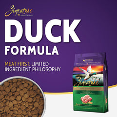 Zignature Duck dog food ingredients close-up showing peas and chickpeas for balanced nutrition.
