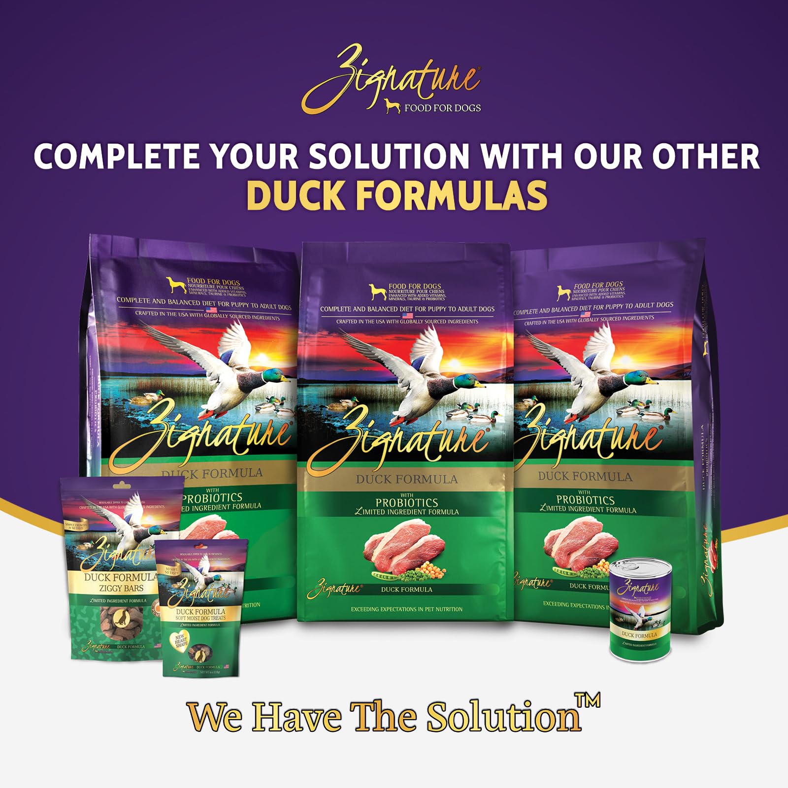 Zignature Duck dog food bowl scene with happy dog illustrating balanced daily nutrition.