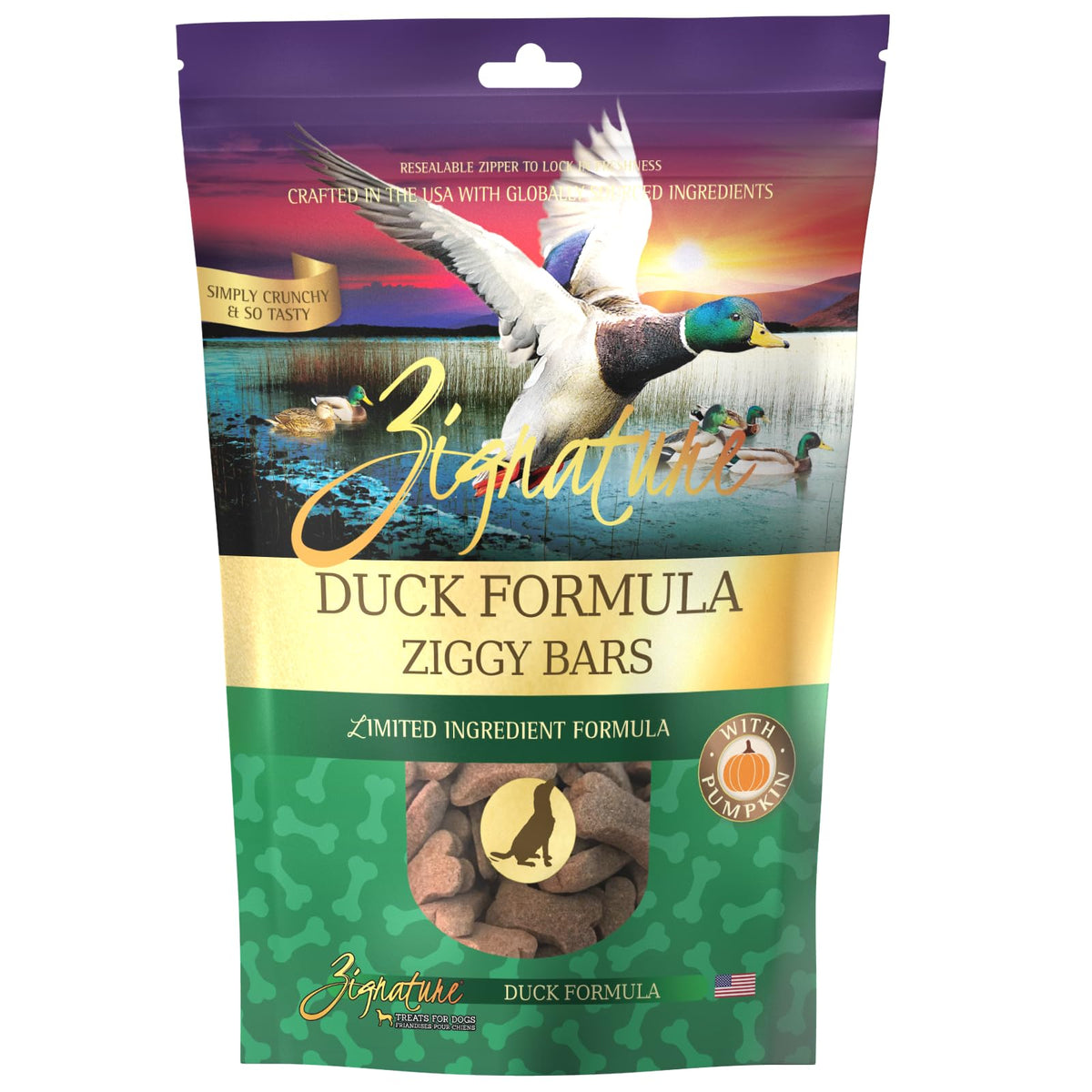 Zignature Duck Limited Ingredient Biscuit bag side view ready for training sessions.