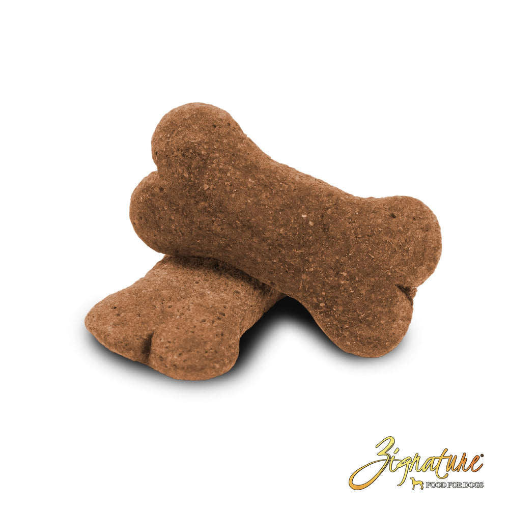 Zignature Duck Limited Ingredient Biscuit close-up shows crunchy texture for rewards.