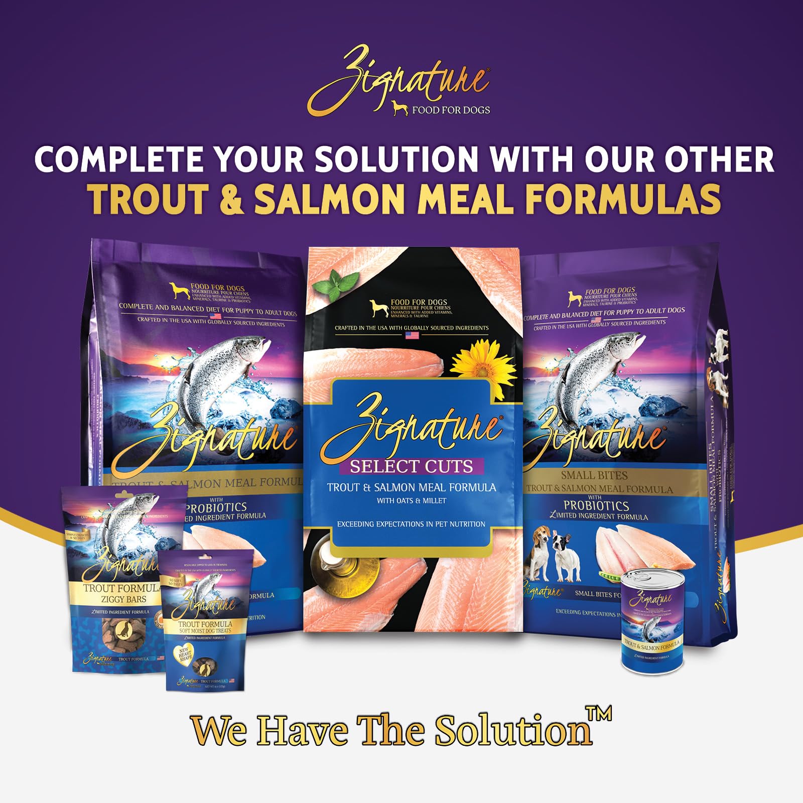 Zignature Trout & Salmon limited-ingredient bag front showcases simple, rotation-friendly formula.