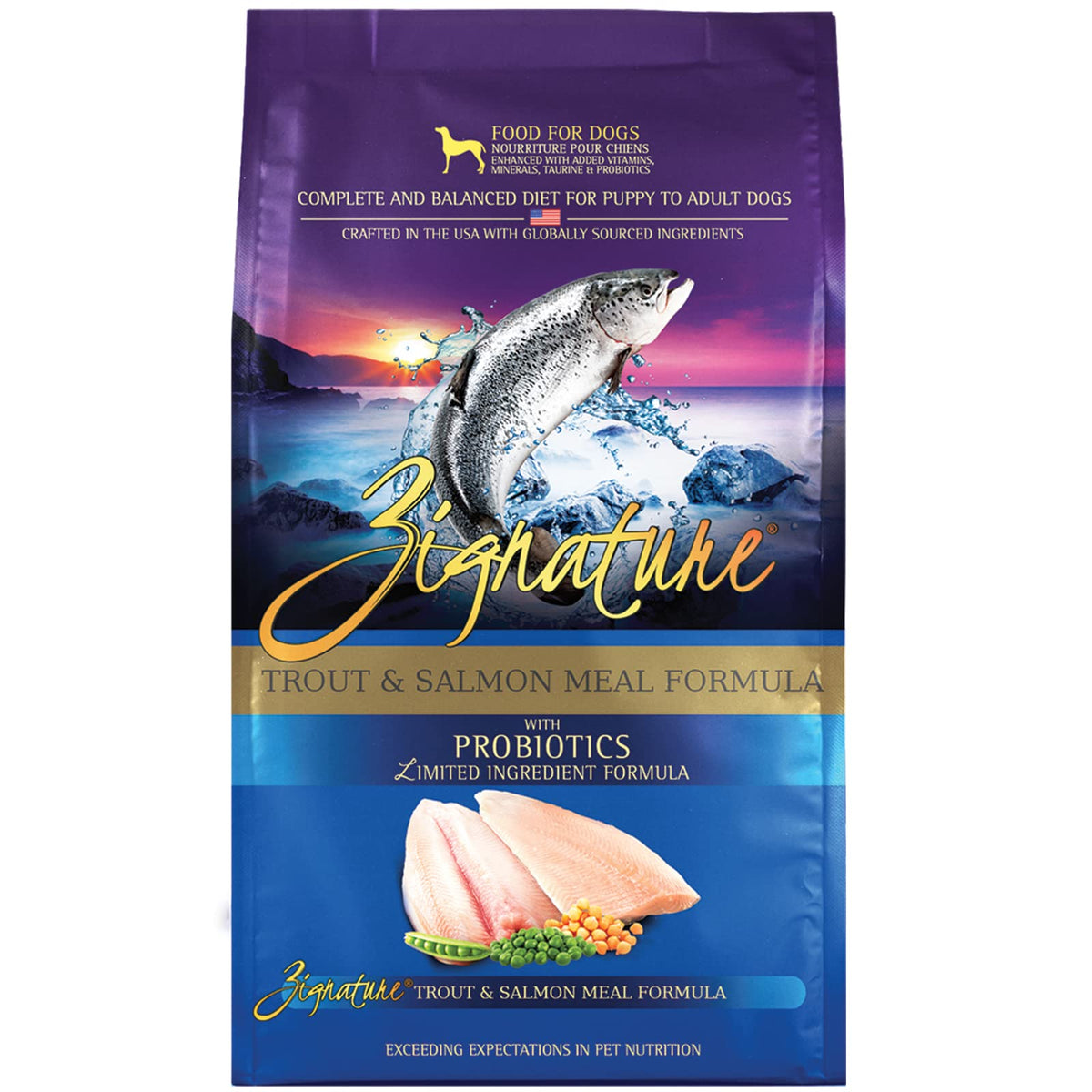 Zignature Trout & Salmon dry dog food 25lb bag for balanced nutrition and omega-3.
