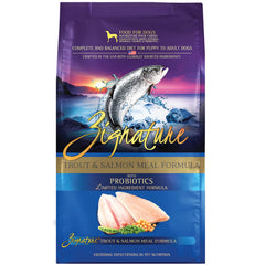 Zignature Trout & Salmon dry dog food 25lb bag for balanced nutrition and omega-3.