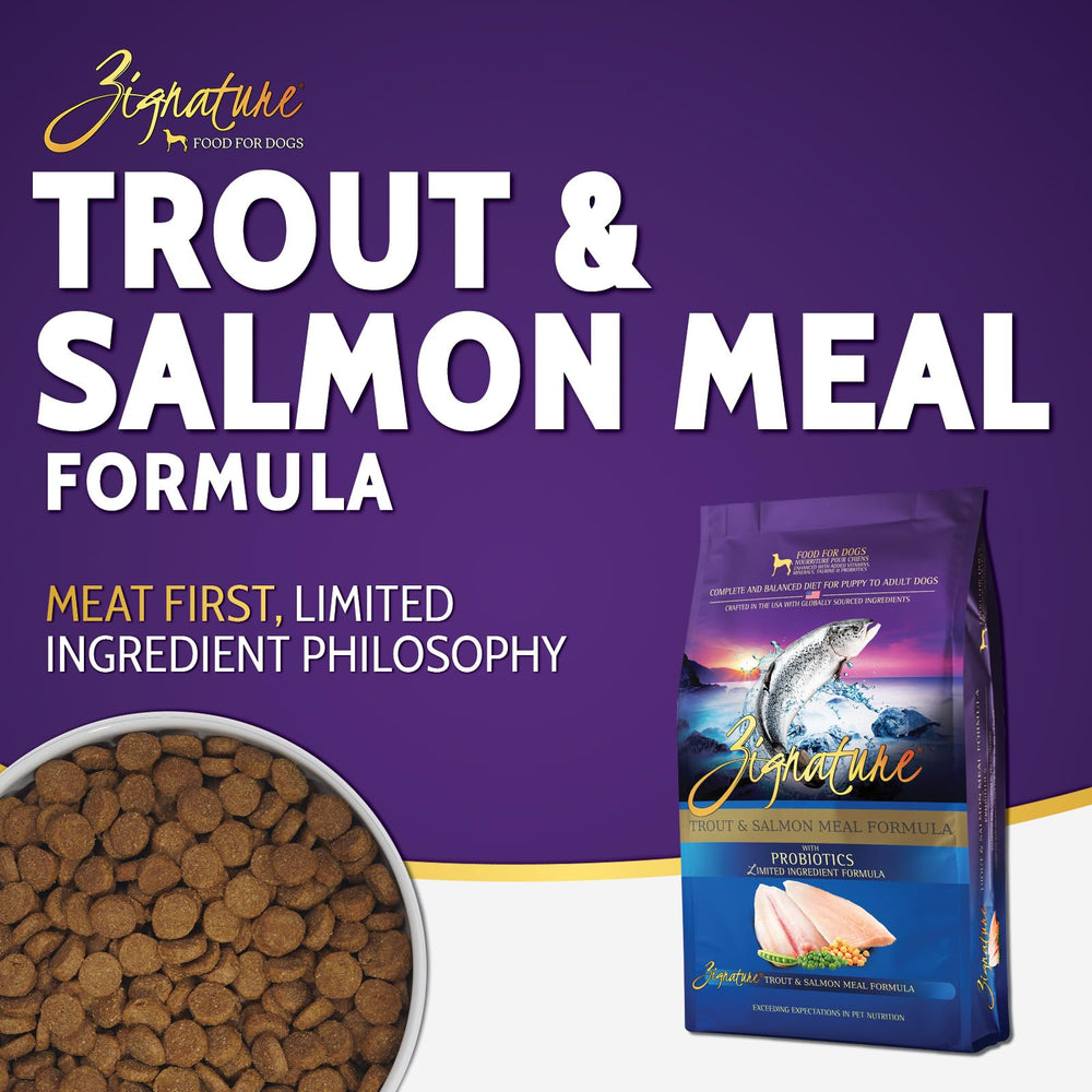 Zignature Trout & Salmon kibble close-up shows small, digestible bites for sensitive tummies.