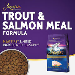 Zignature Trout & Salmon kibble close-up shows small, digestible bites for sensitive tummies.