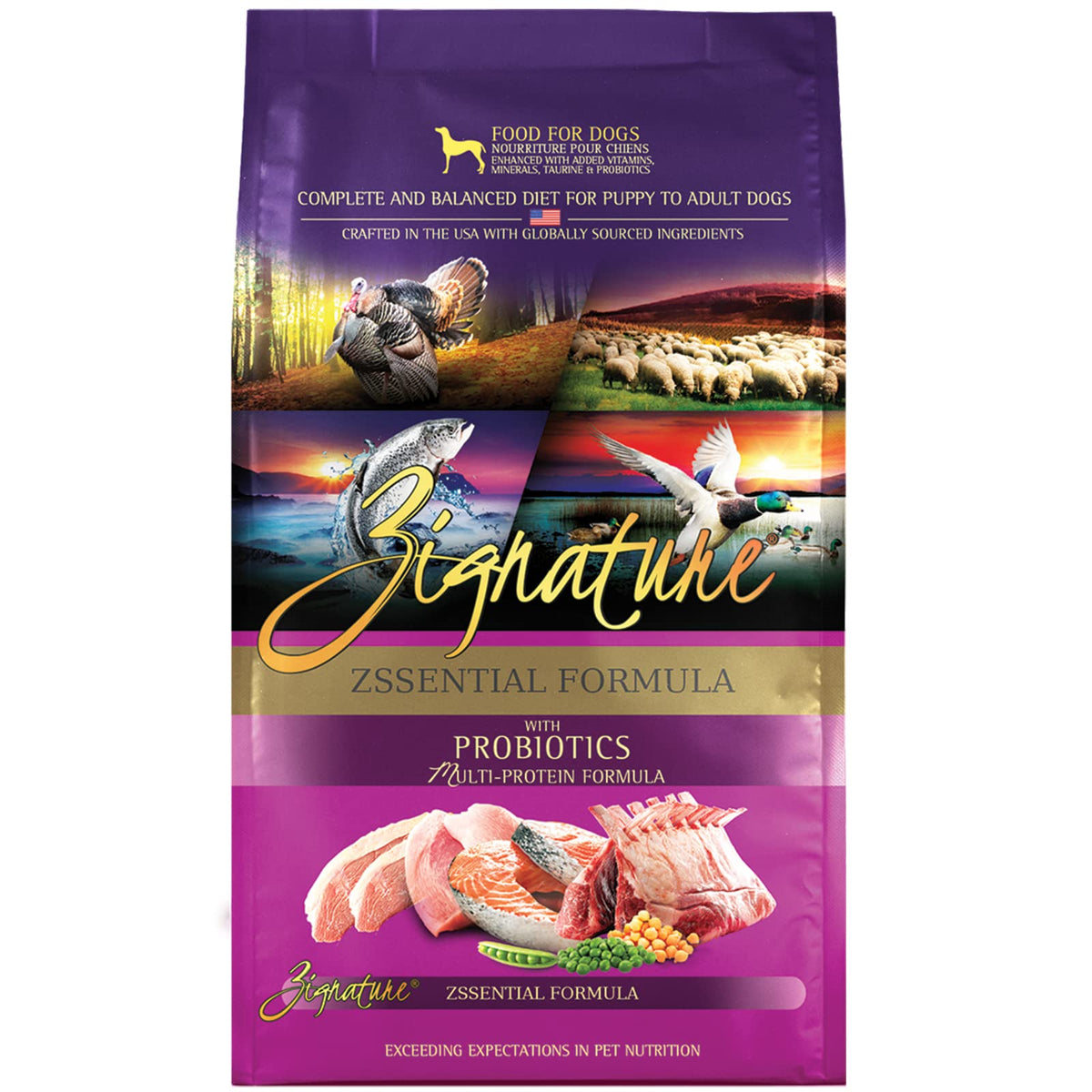 Zignature Zssential dry dog food bag front highlighting high-quality protein ingredients