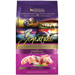 Zignature Zssential dry dog food bag front highlighting high-quality protein ingredients