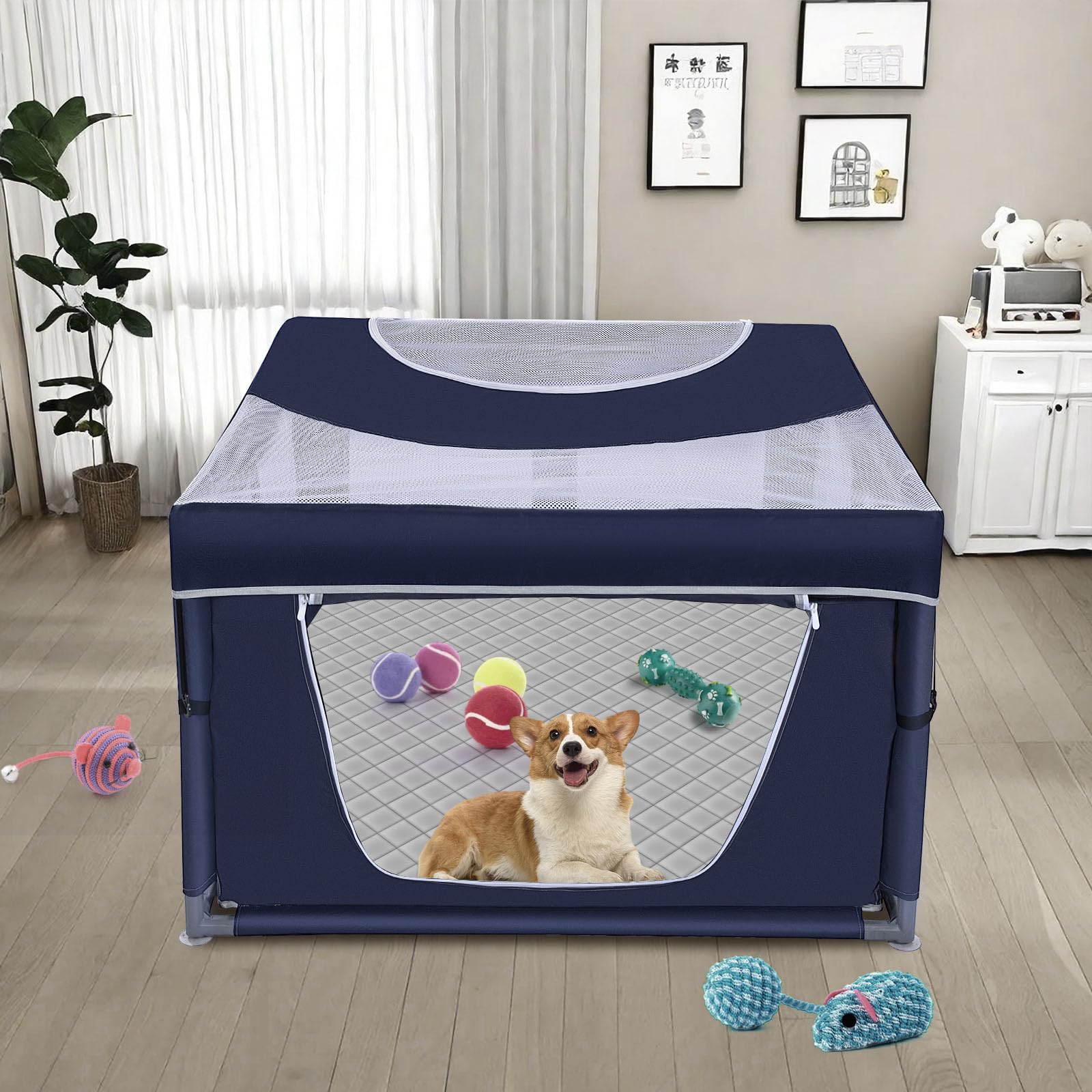 Zikopomi dog playpen zip door demonstrates easy access and roll-up design.