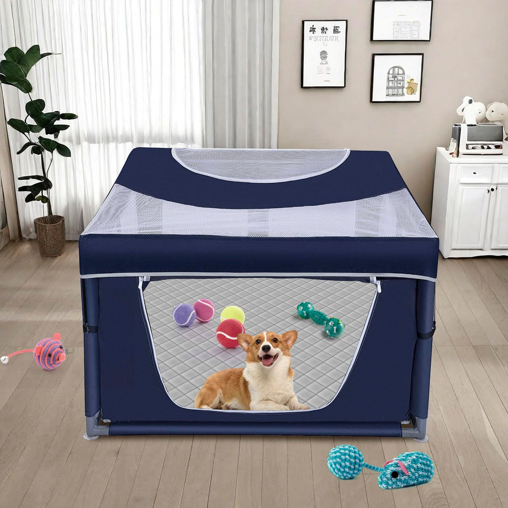 Zikopomi dog playpen zip door demonstrates easy access and roll-up design.