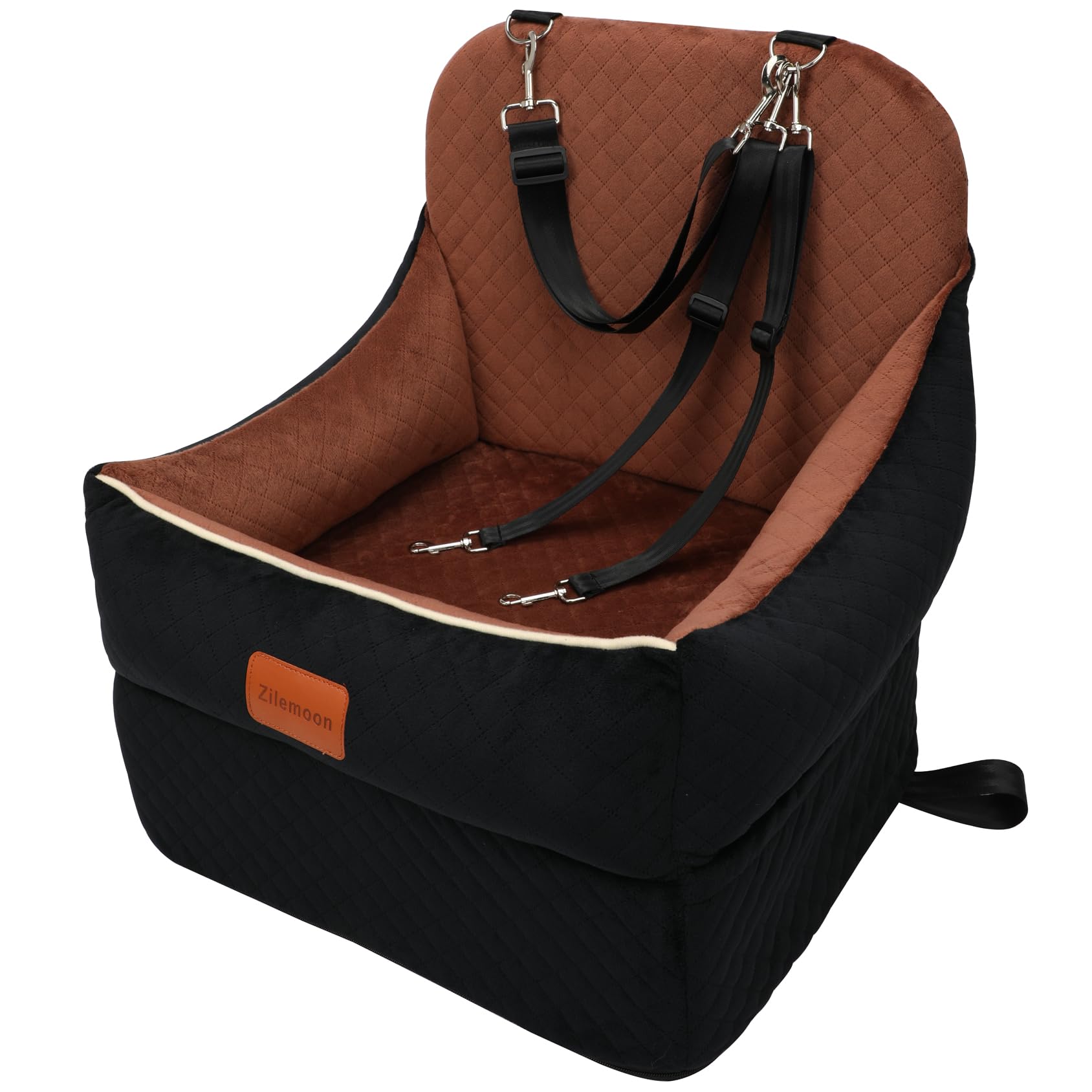Zilemoon car dog booster seat Lookout—black exterior, brown interior, elevates small dogs for safer travel.