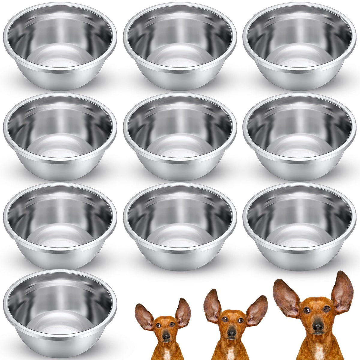 Ziliny 10-pcs stainless steel dog bowls close-up showing 64 oz capacity for large dogs.