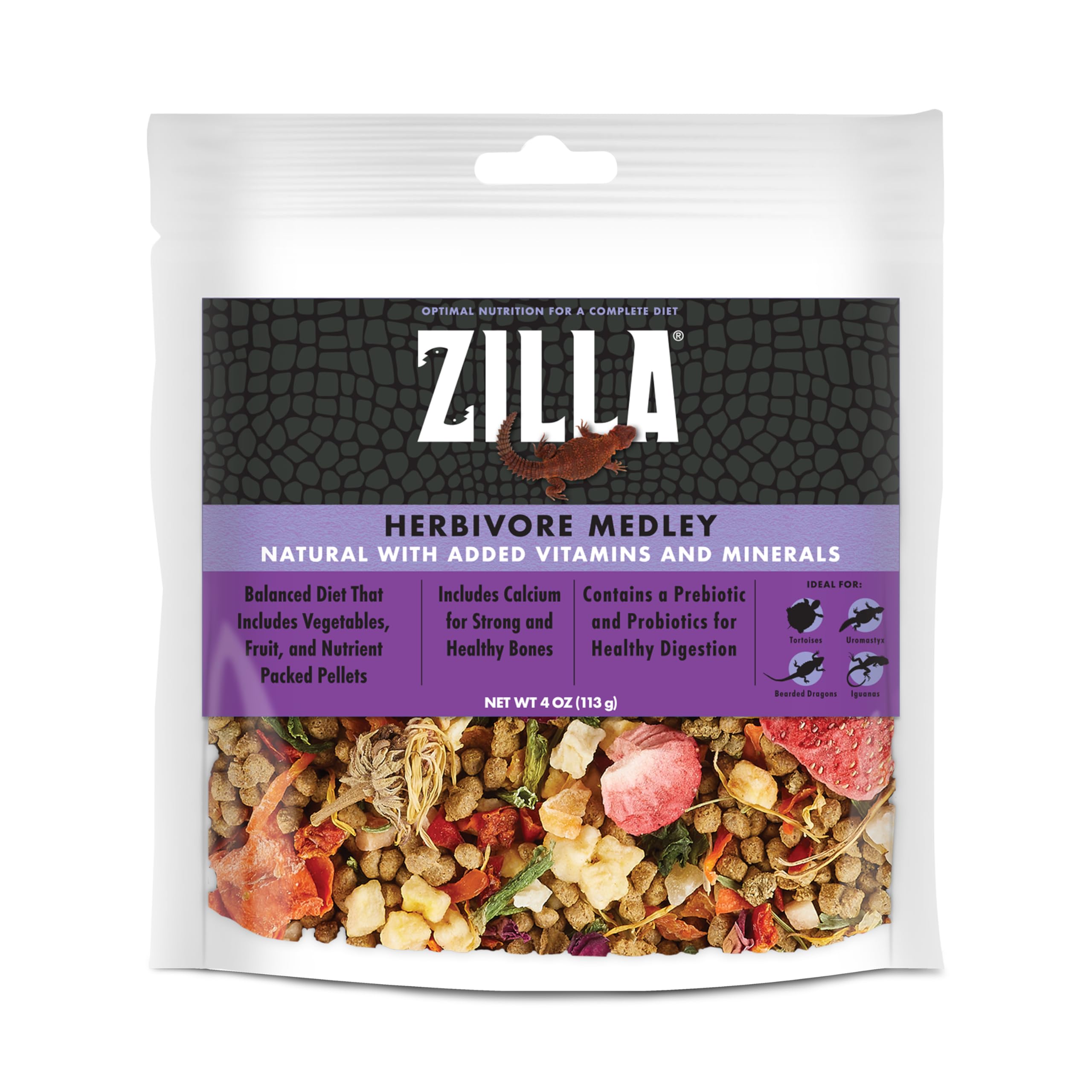 Zilla Herbivore Medley 4 oz bag shows complete reptile nutrition for herbivores
