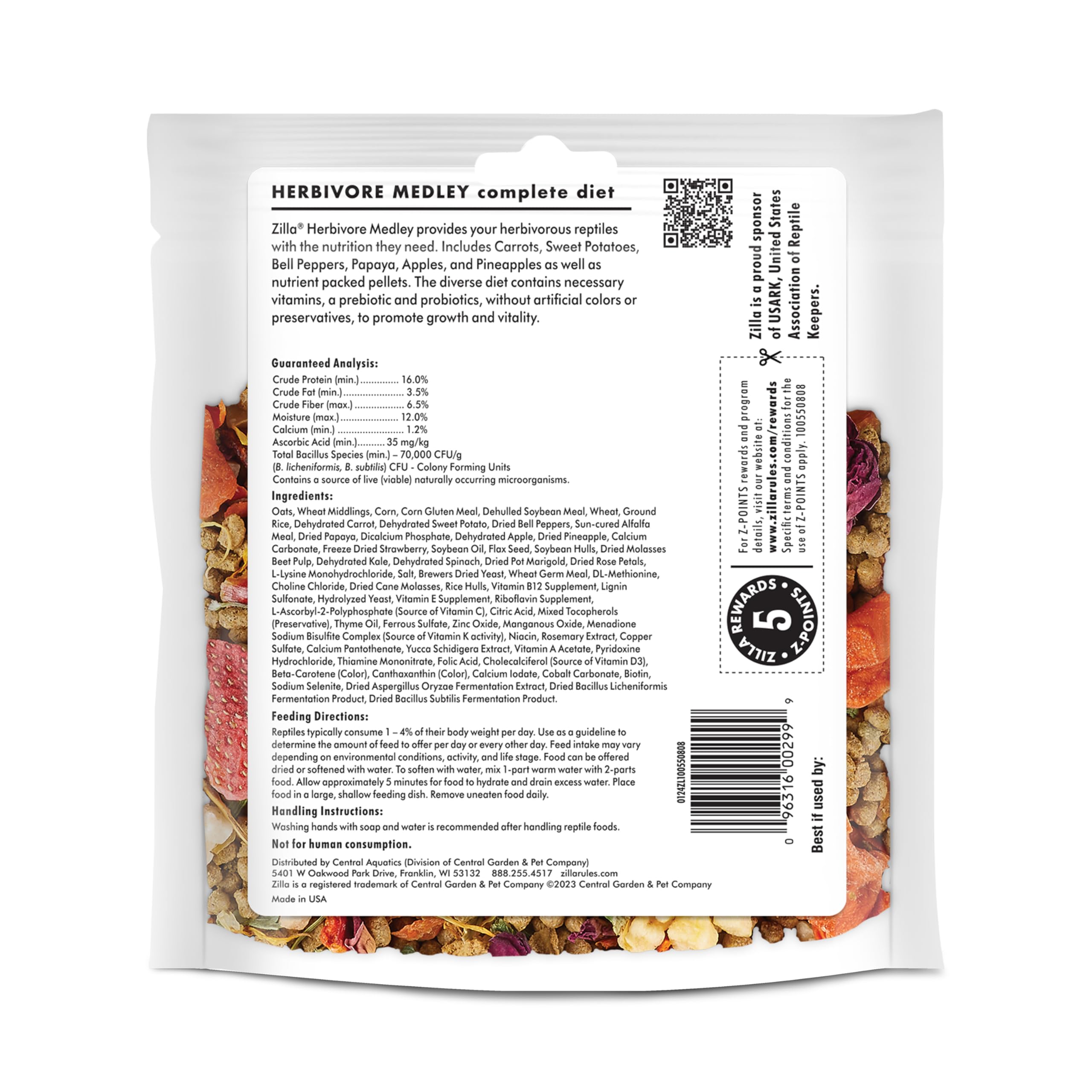 Calcium-boost emphasis in Zilla Herbivore Medley packaging and ingredients