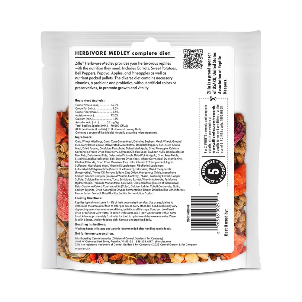 Calcium-boost emphasis in Zilla Herbivore Medley packaging and ingredients