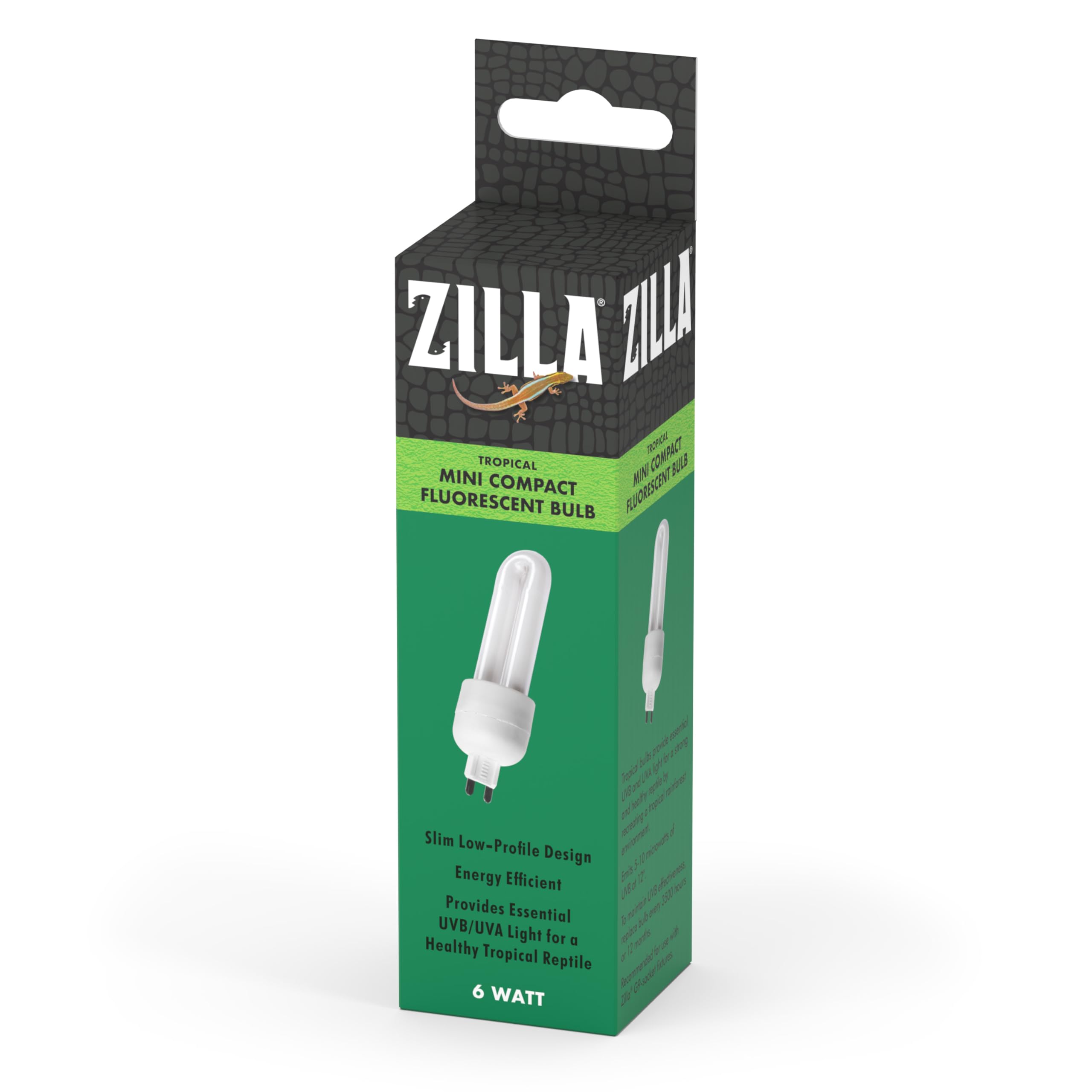 Zilla Mini Tropical bulb packaging showing compact energy-efficient design for reptile setups.