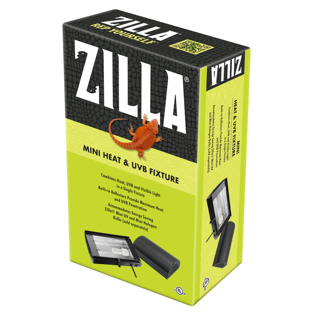 Zilla mini heat-uvb fixture overview mounted on terrarium lid for reptile care.