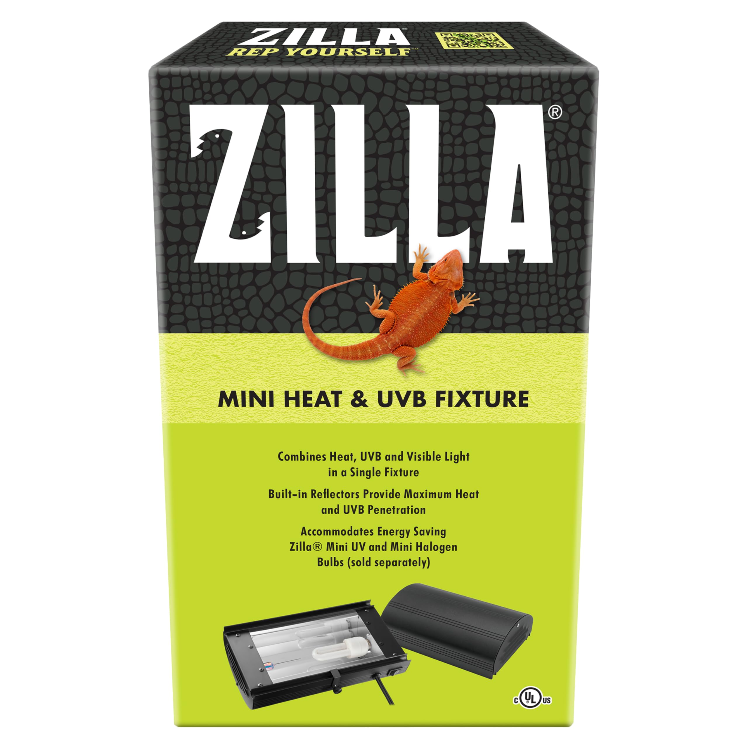 Zilla mini-heat-uvb fixture socket assembly highlights dual bulbs for desert or tropical setups.