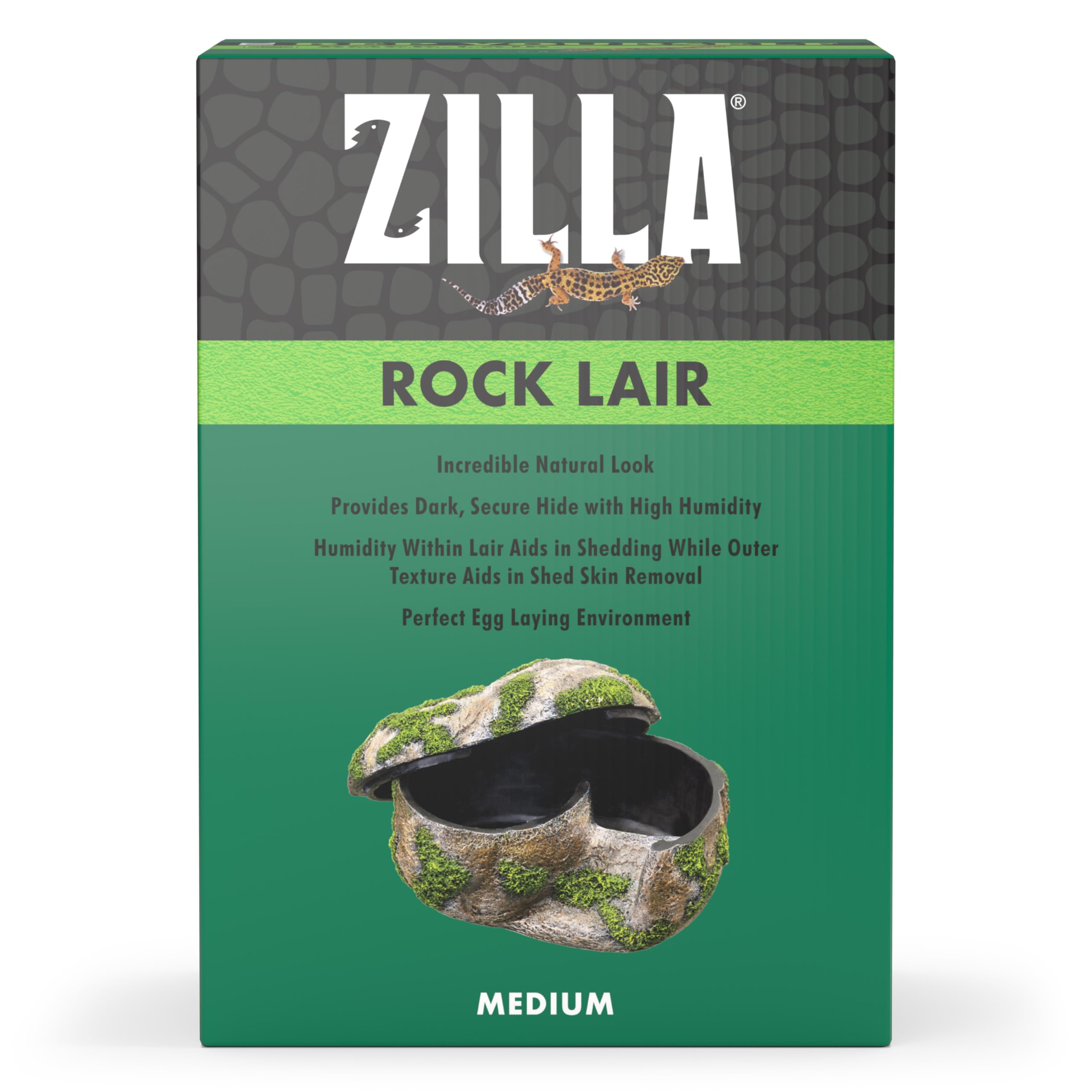 Zilla pet terrarium rock lair side-entry with reduced light for burrow-like rest.