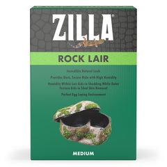 Zilla pet terrarium rock lair side-entry with reduced light for burrow-like rest.