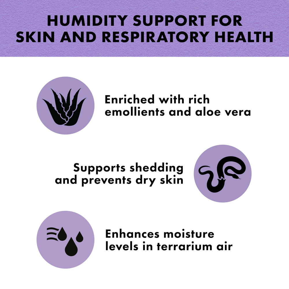 Zilla Tropical Mist in terrarium scene highlights elevated humidity for healthy skin.