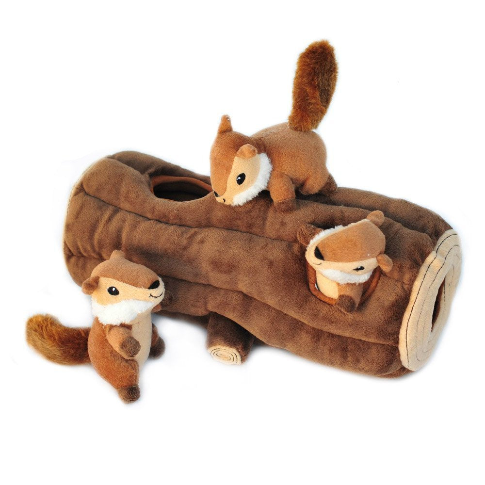 ZippyPaws Burrow chipmunk log hole showcases hidden-release puzzles for interactive enrichment.