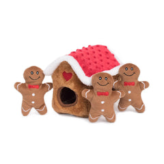 ZippyPaws Burrow gingerbread house closed, inviting interactive play for small dogs.