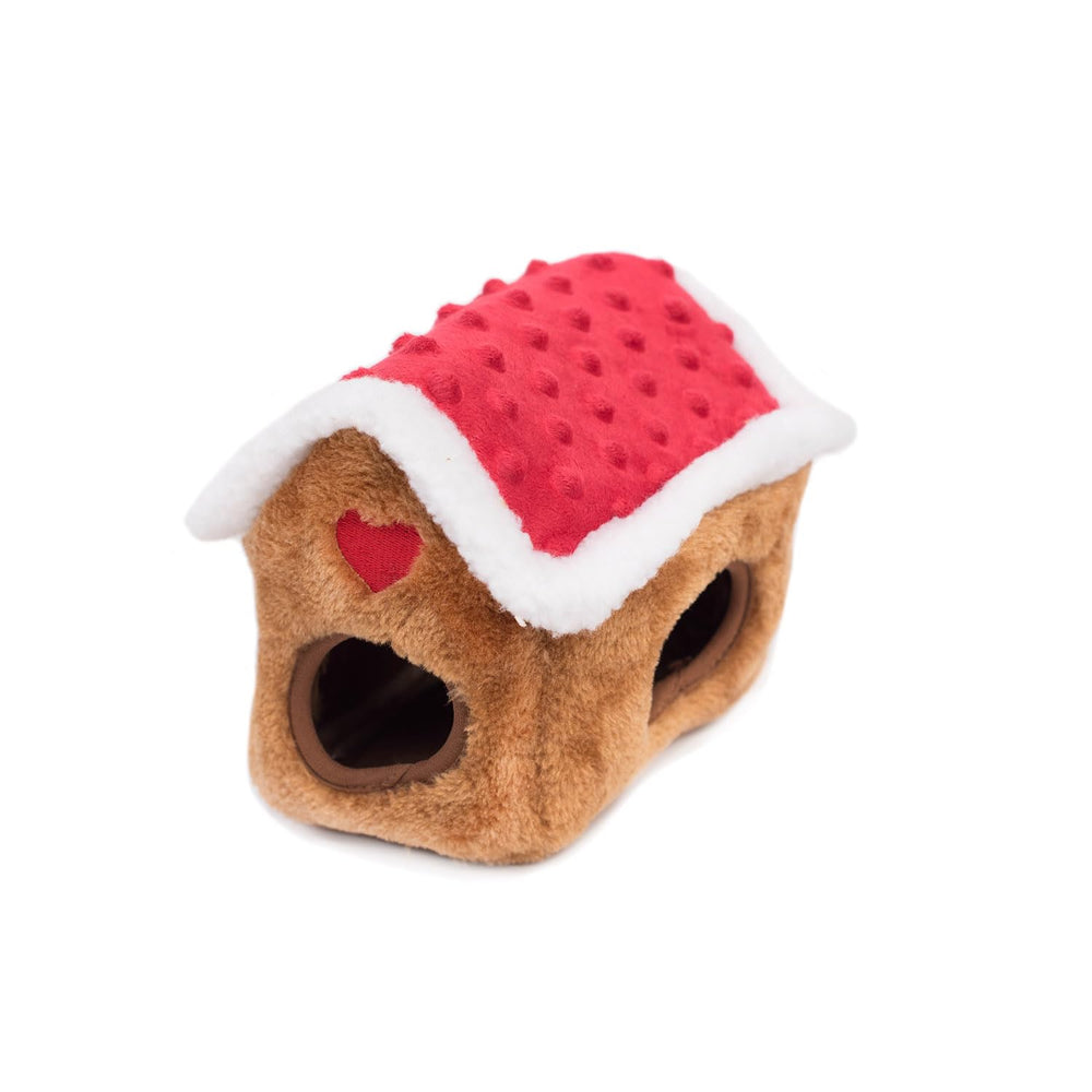 ZippyPaws Burrow Miniz-1 squeaky toy peeking out adds attention-grabbing sounds.