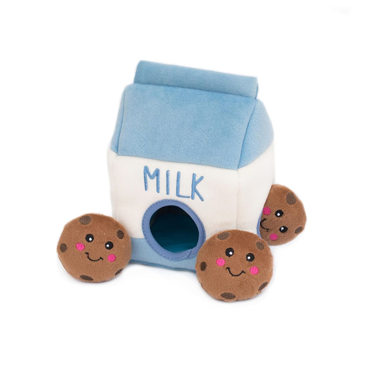ZippyPaws Burrow milk and cookies toy front view boosts playful hiding and discovery for dogs