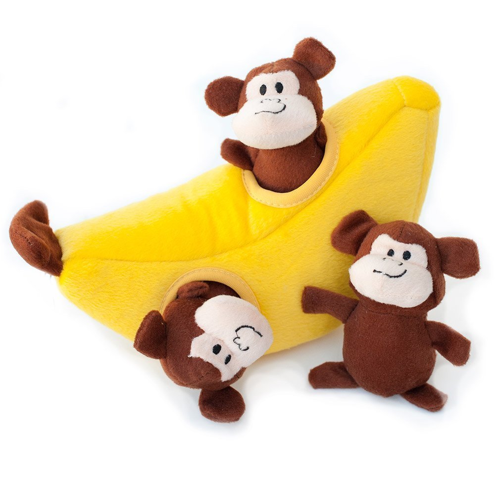 ZippyPaws Burrow Monkey inside banana demonstrates interactive hide-and-seek stimulation