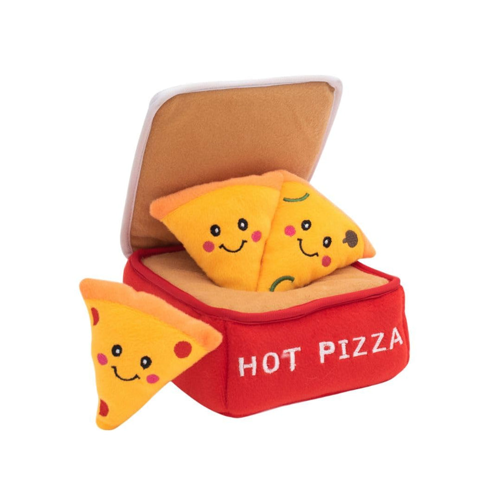 ZippyPaws Burrow Pizza Box interior play scene encourages hide-and-seek enrichment.