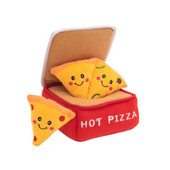 ZippyPaws Burrow Pizza Box interior play scene encourages hide-and-seek enrichment.