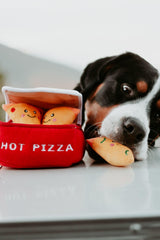 ZippyPaws Burrow Pizza Box miniz squeaks boost engagement during play sessions.