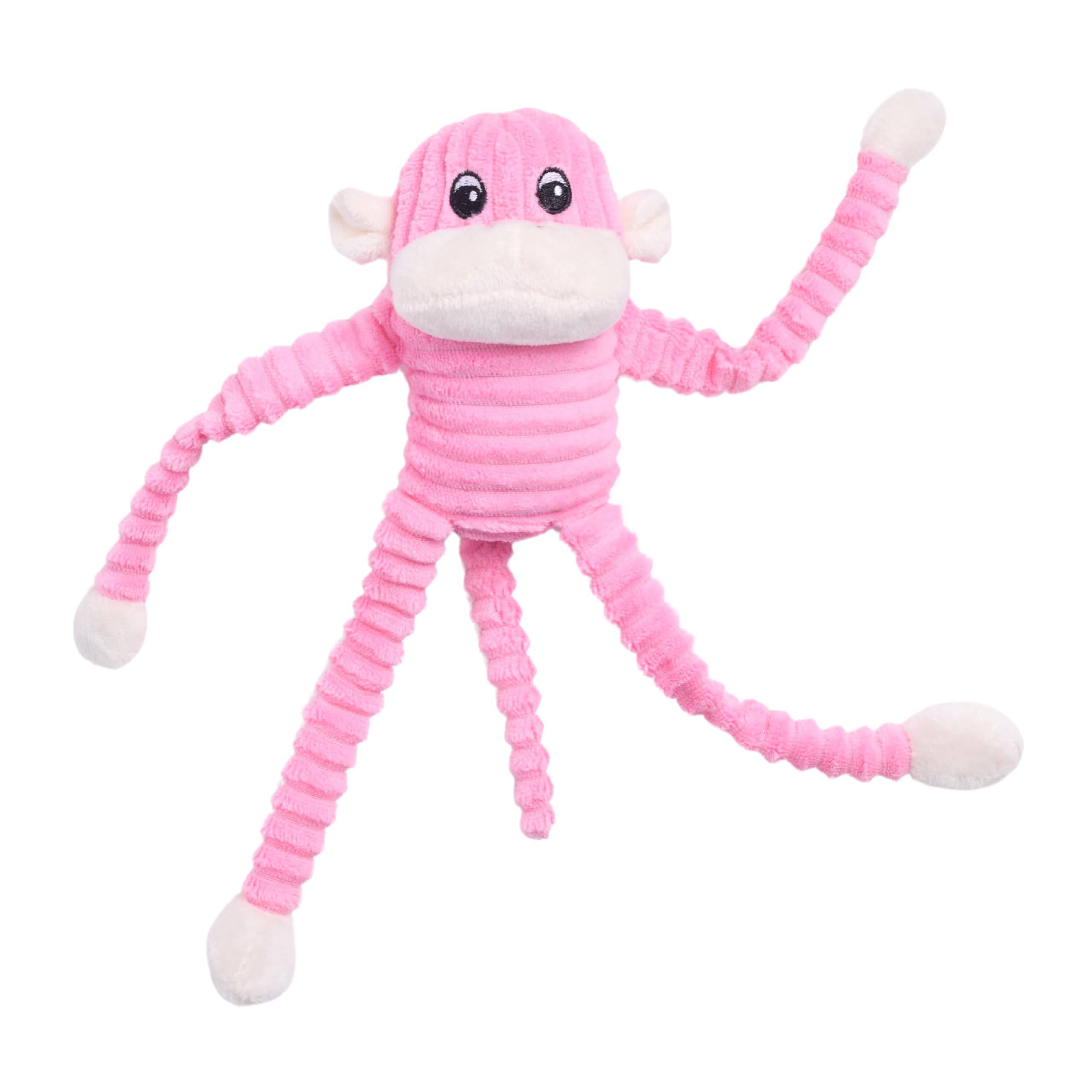 ZippyPaws Crinkle Monkey pink body ready for interactive play with crinkle and squeaker.