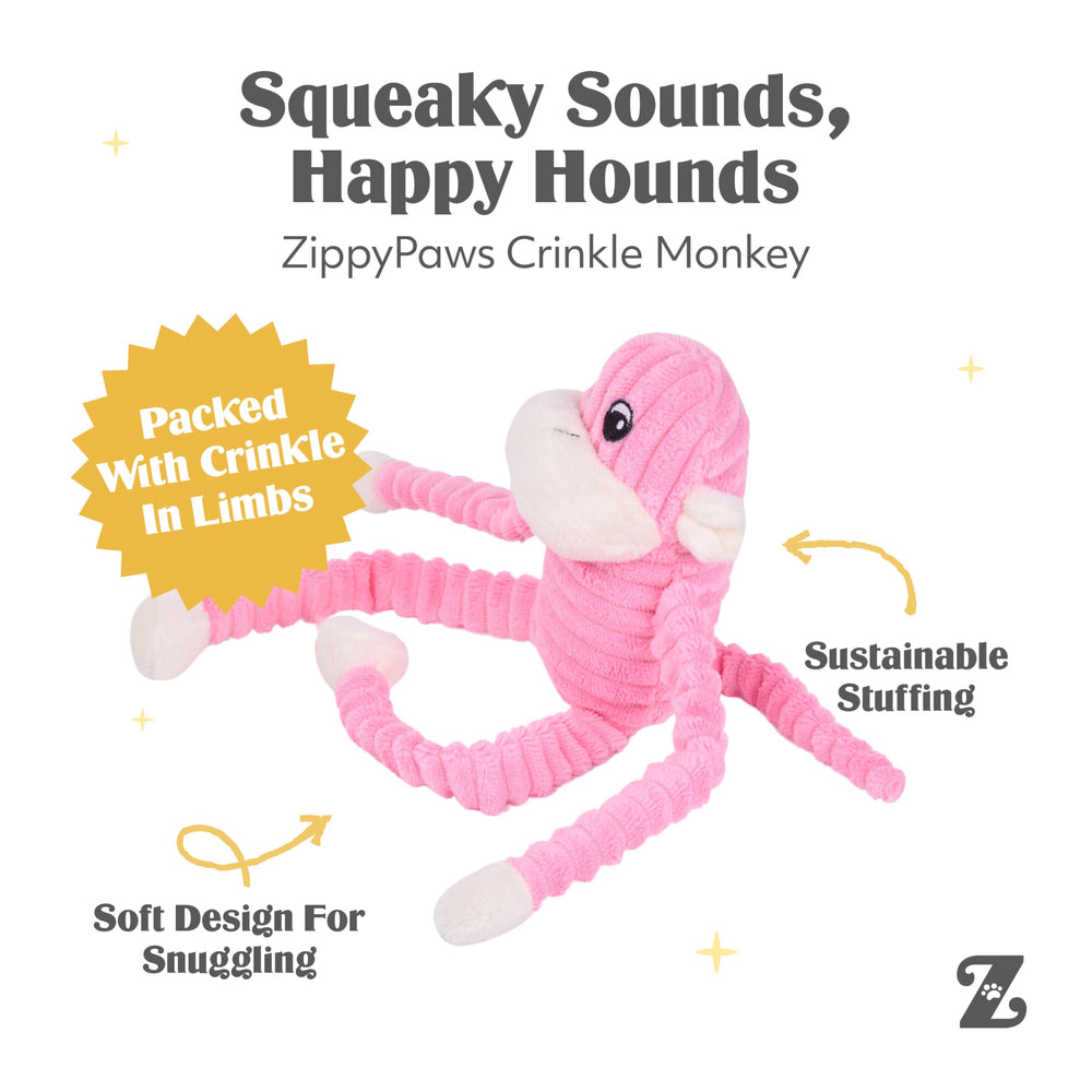 ZippyPaws Crinkle Monkey round squeaker inside body enhances play engagement.