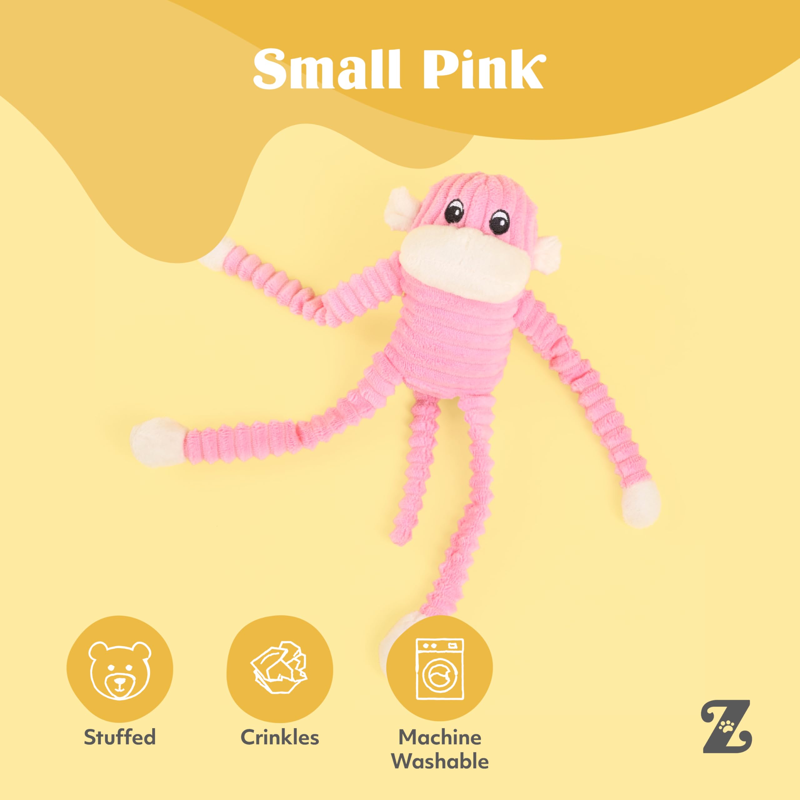 ZippyPaws Crinkle Monkey soft stuffing for cuddly, safe-snuggle moments.