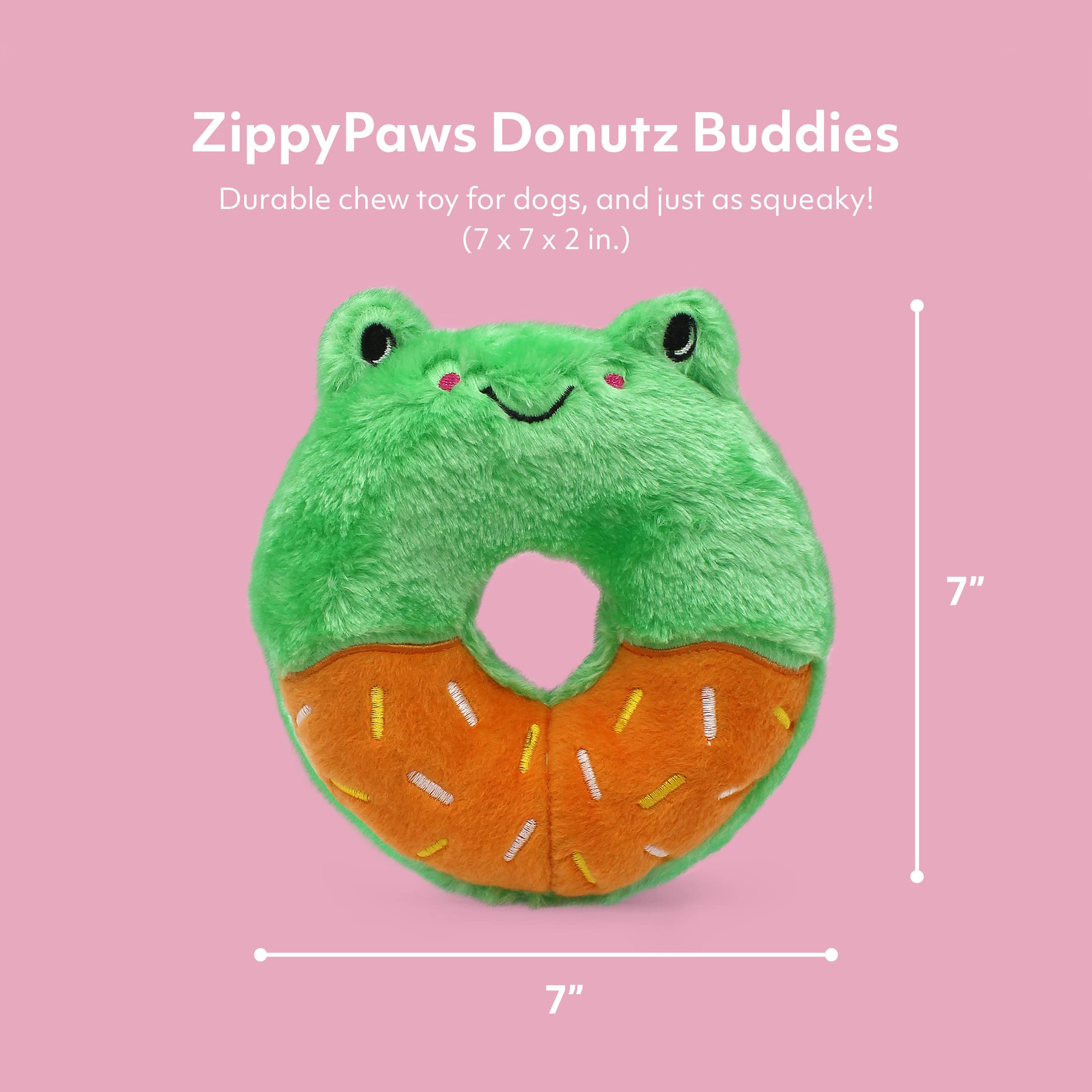 ZippyPaws Donutz Buddies Frog Donut Toy embroidered sprinkles close-up for appealing play.