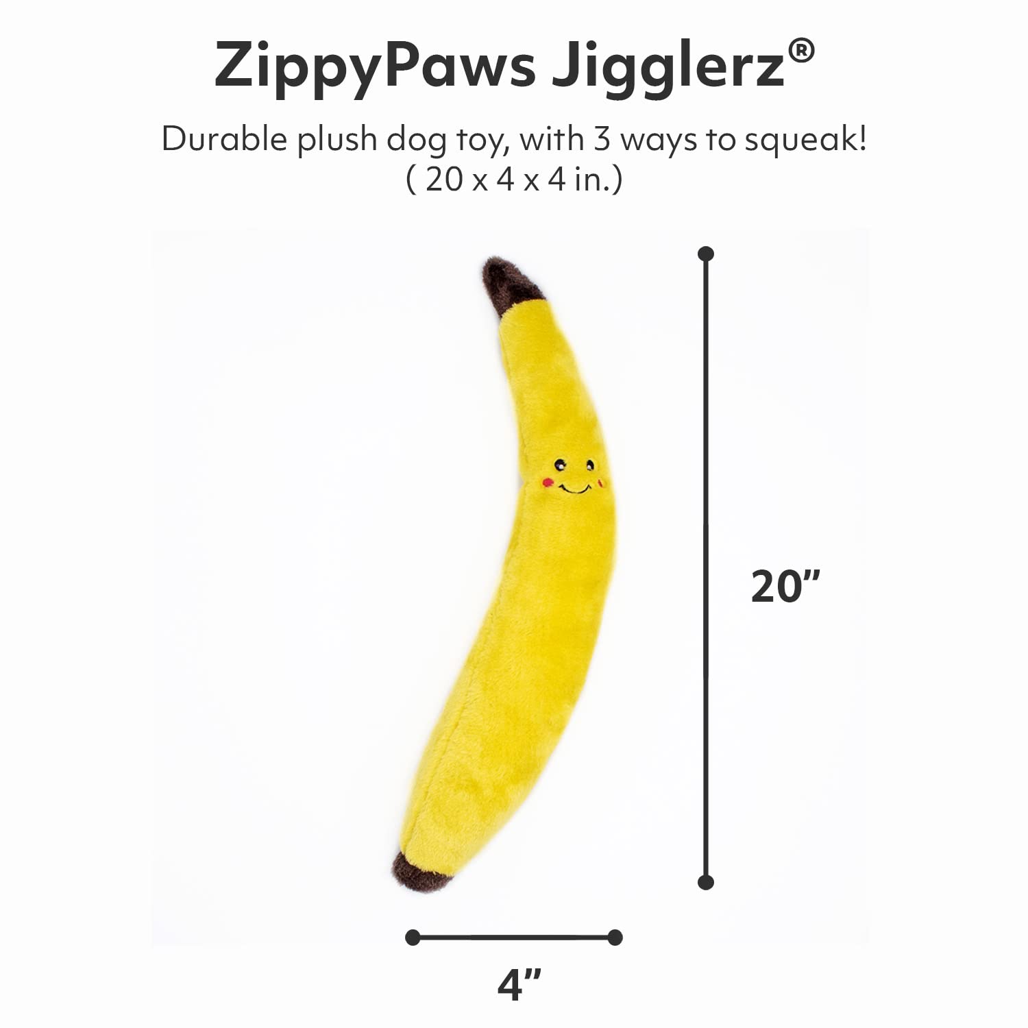 ZippyPaws Jigglerz Banana close up highlights soft durable fabric for play.
